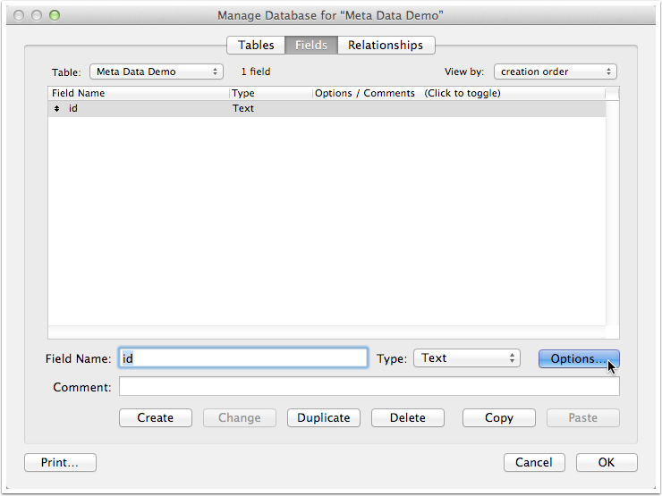 The Manage Database dialog